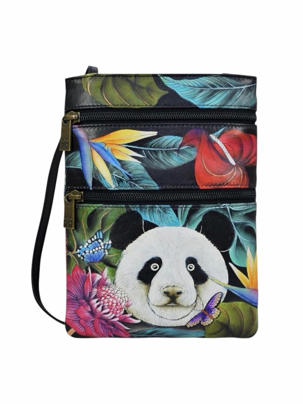 Anna By Anuschka Hand Painted Leather Double Zip Travel Crossbody Bag NWT